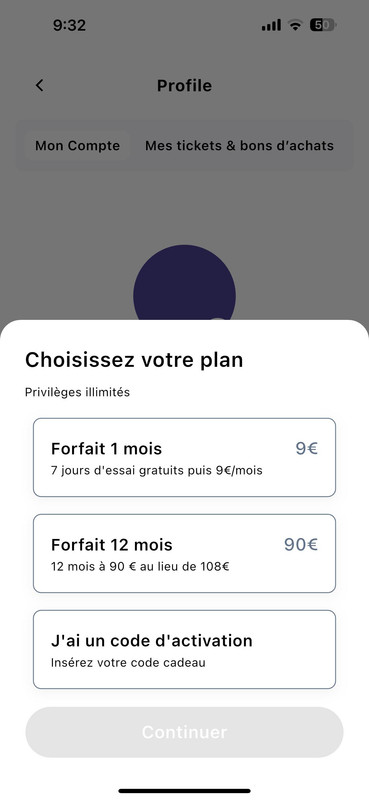 Fenêtre modale Choisir votre plan avec Forfait 1 mois et Forfait 12 mois