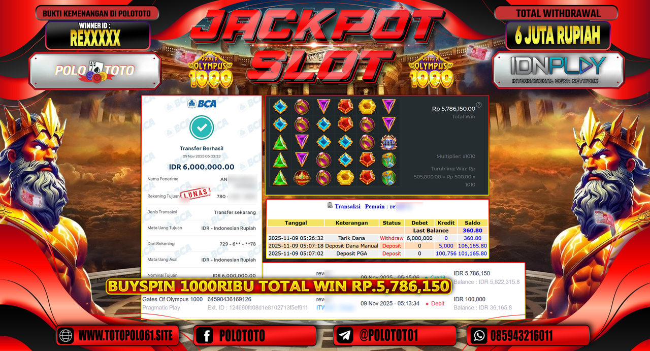 POLOTOTO JACKPOT SLOT GATES OF OLYMPUS 1000 Rp.6.000.000,- LUNAS