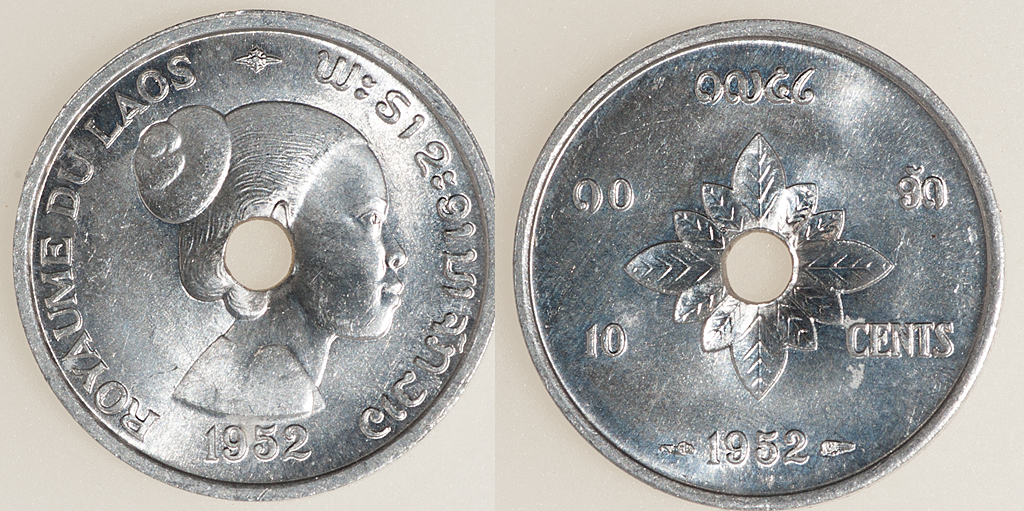 Exposición de la serie de 10, 20 y 50 céntimos de kip. Laos (Indochina Francesa). 1952. Dedicada a 10 pfennig. PAS5466