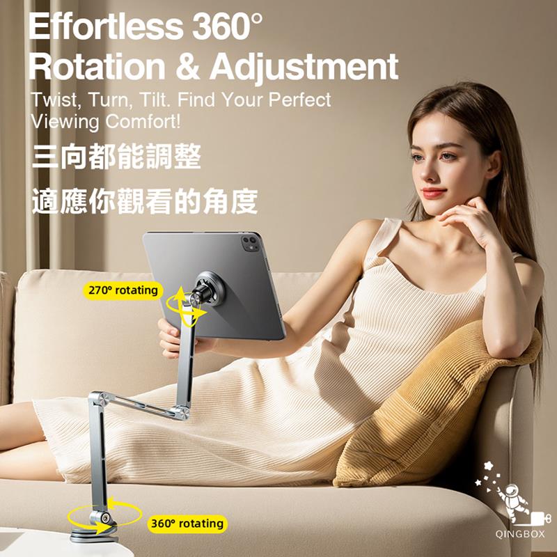 Effortless 360°Rotation & AdjustmentTwist, Turn, Tilt. Find Your PerfectViewing Comfort!三向都能調整適應你觀看的角度270° rotating360° rotatingQINGBOX