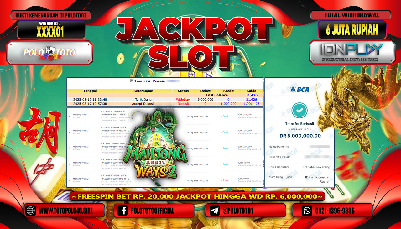 POLOTOTO JACKPOT SLOT MAHJONG WAYS 2 Rp.6.000.000,- LUNAS