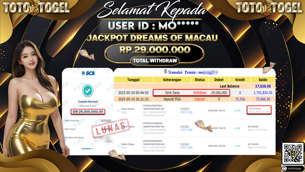Bukti Pembayaran Jackpot Permainan Slot Dreams Of Macau ID:MO***** LUNAS