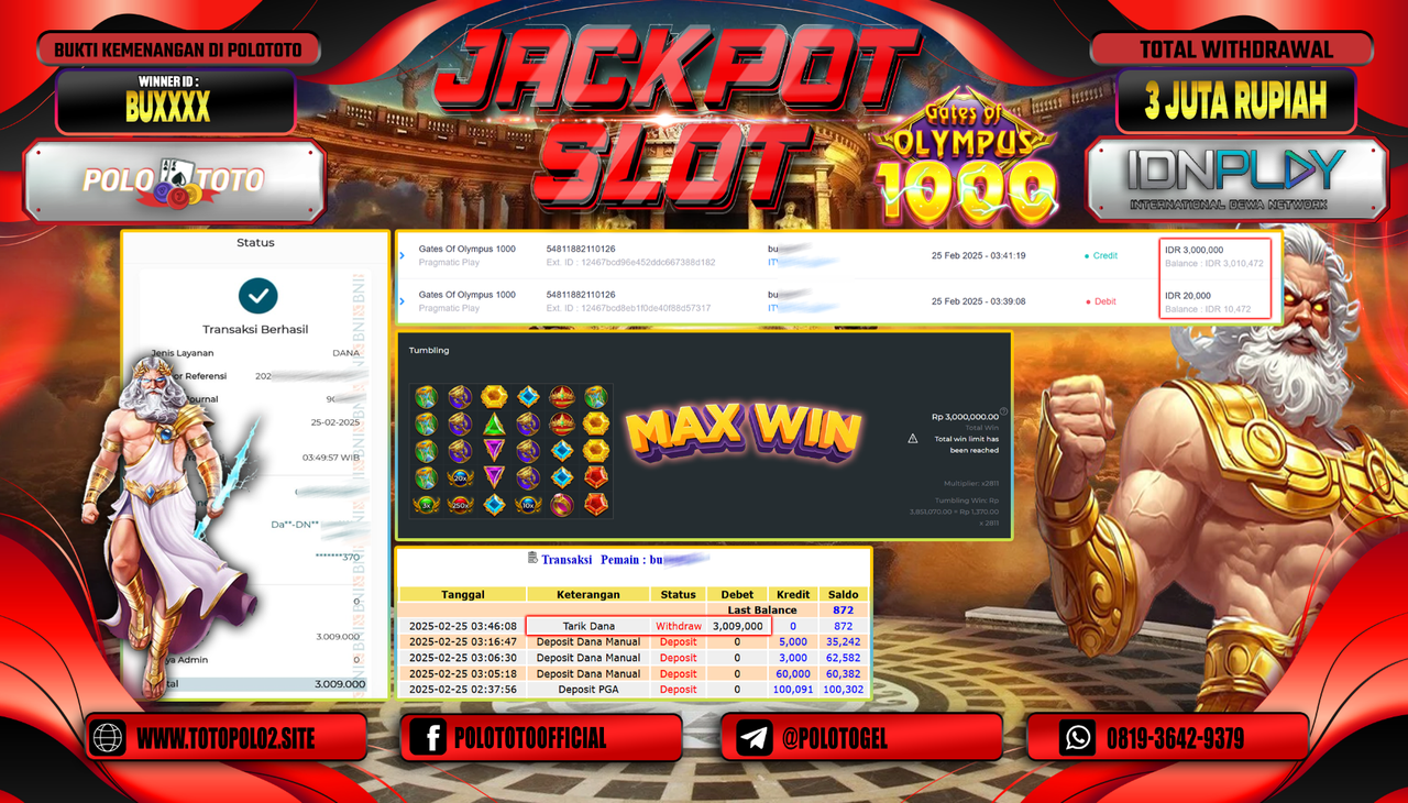 POLOTOTO JACKPOT SLOT GATES OF OLYMPUS 1000 Rp.3.000.000,-