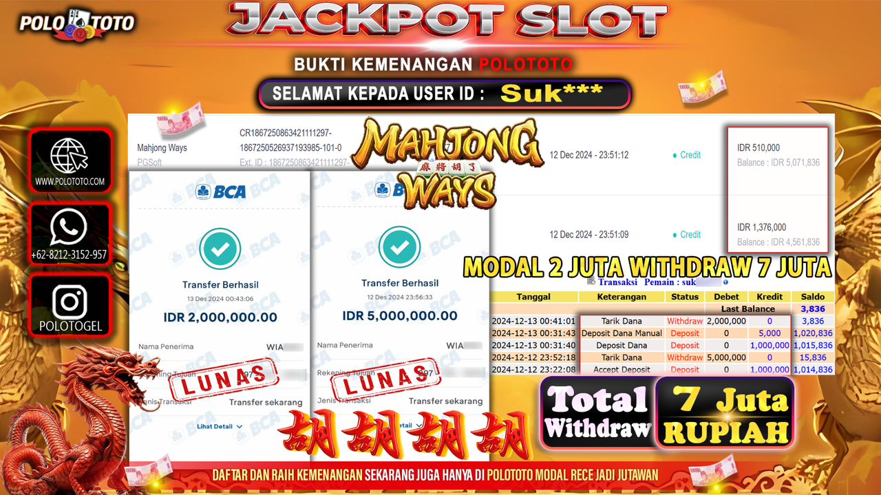 POLOTOTO JACKPOT SLOT MAHJONG WAYS Rp.7,000.000,-