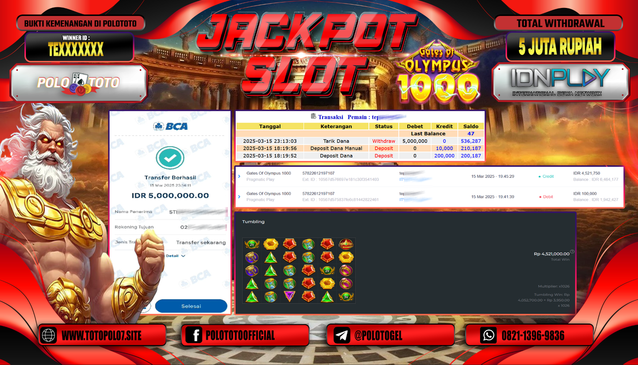 POLOTOTO JACKPOT SLOT GATES OF OLYMPUS 1000 Rp.5.000.000,-