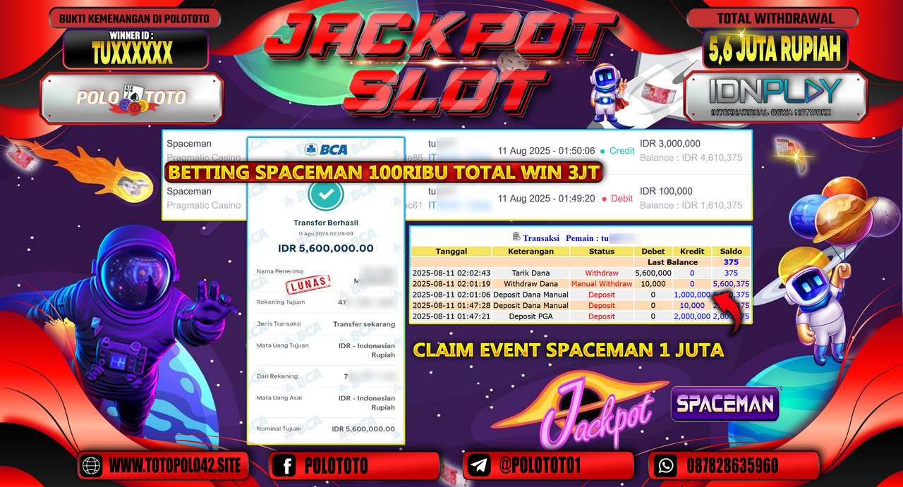POLOTOTO JACKPOT SLOT SPACEMAN Rp.5.600.000,-LUNAS