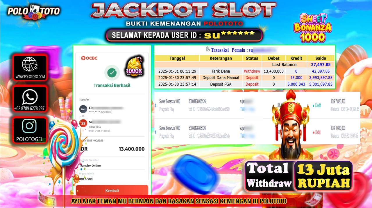 POLOTOTO JACKPOT SLOT SWEET BONANZA 1000 Rp.13,400.000,-