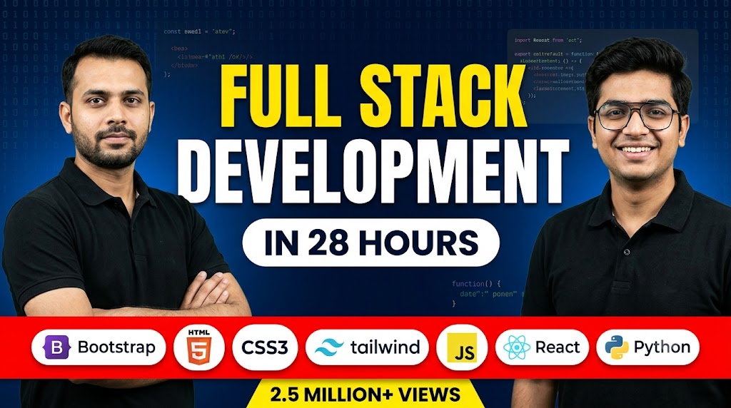 AI-generated example result for the youtube-thumbnail prompt: Full Stack Development Thumbnail – Complete Course In 28 Hours AI YouTube Thumbnail Prompt