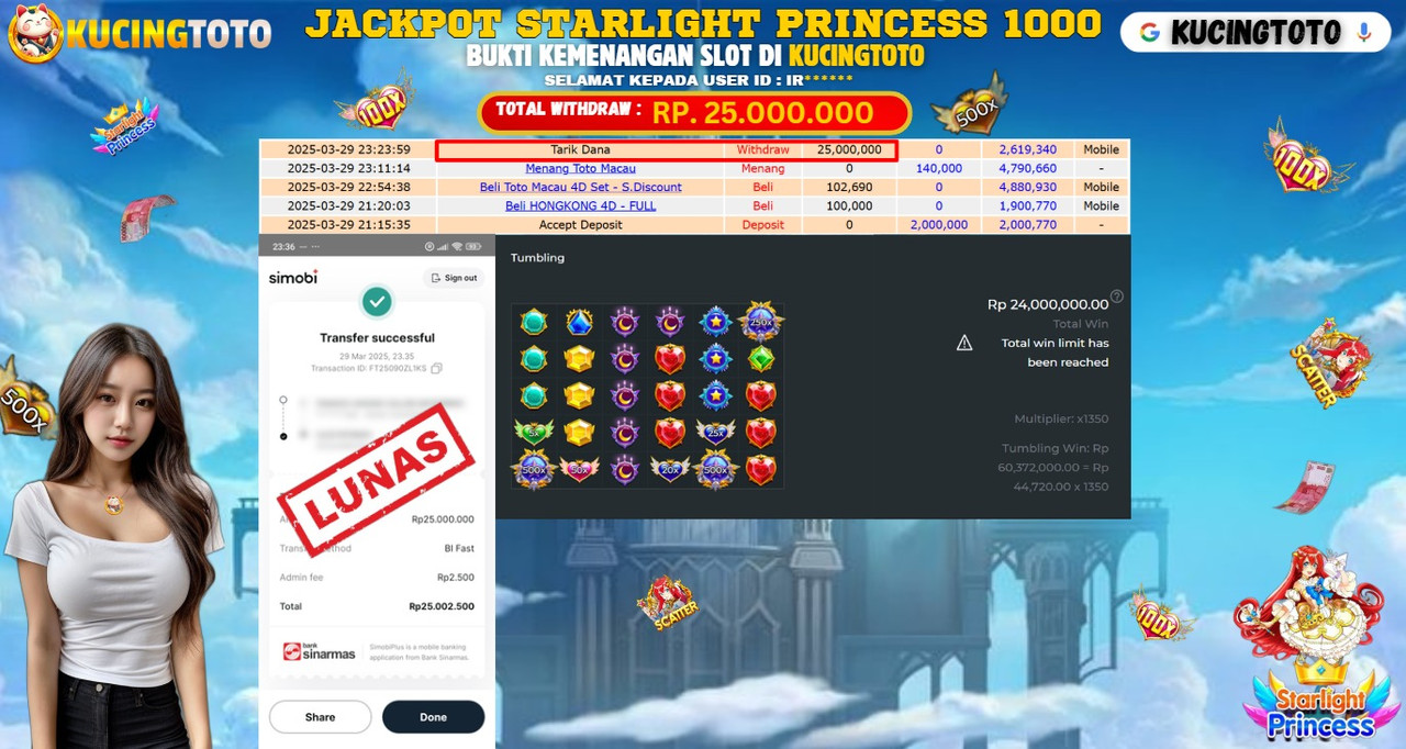 KUCINGTOTO JACKPOT SLOT STARLIGHT PRINCESS 1000 RP.25.000.000.,- LUNAS