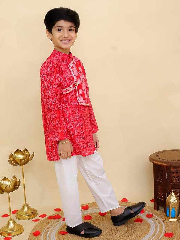 Cotton Leaf Printed Kurta Pyjama Set Full sleeves Kurta Pajama Set For Boys - Picture 21 of 27