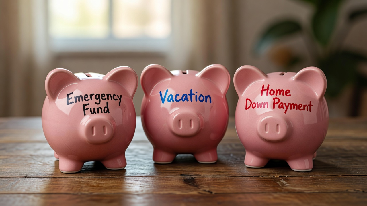 Financial goal planning with piggy banks labeled for emergency fund, vacation, and home down payment