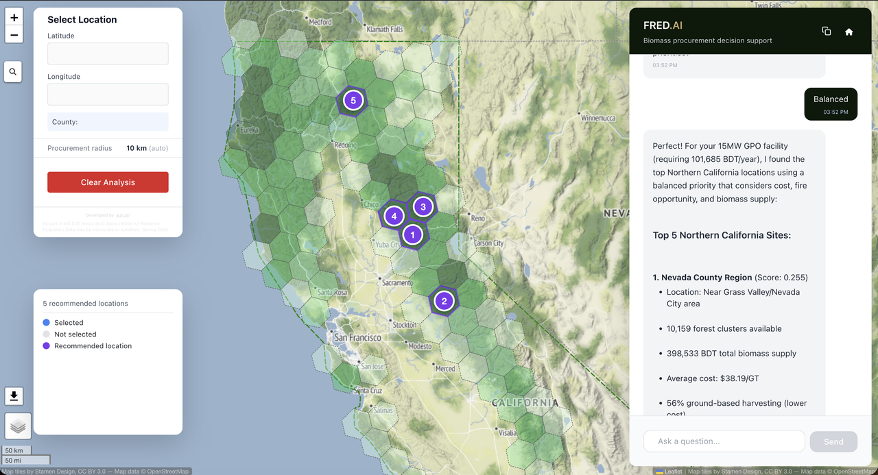 Screenshot of the FRED interface showing five ranked candidate regions rendered as hexagons on a map of Northern California, with per-site biomass and cost in the chat panel