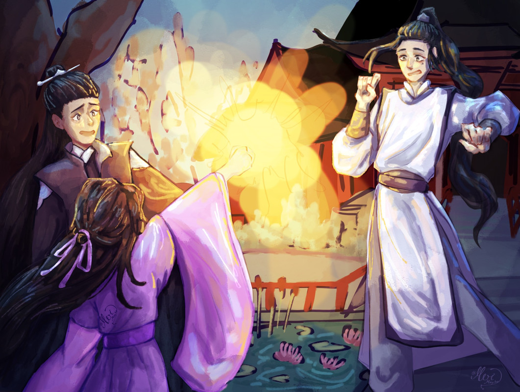 Liu Mingyan unveils a glowing object, from which Shen Yuan as Liu Qingge recoils in terror. Yue Qingyuan gapes at them in alarm.