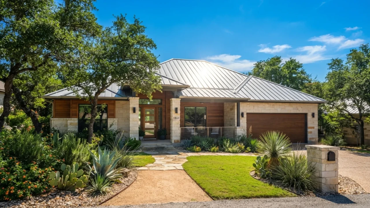 Light colored metal roof reflecting sunlight on San Antonio Texas home summer
