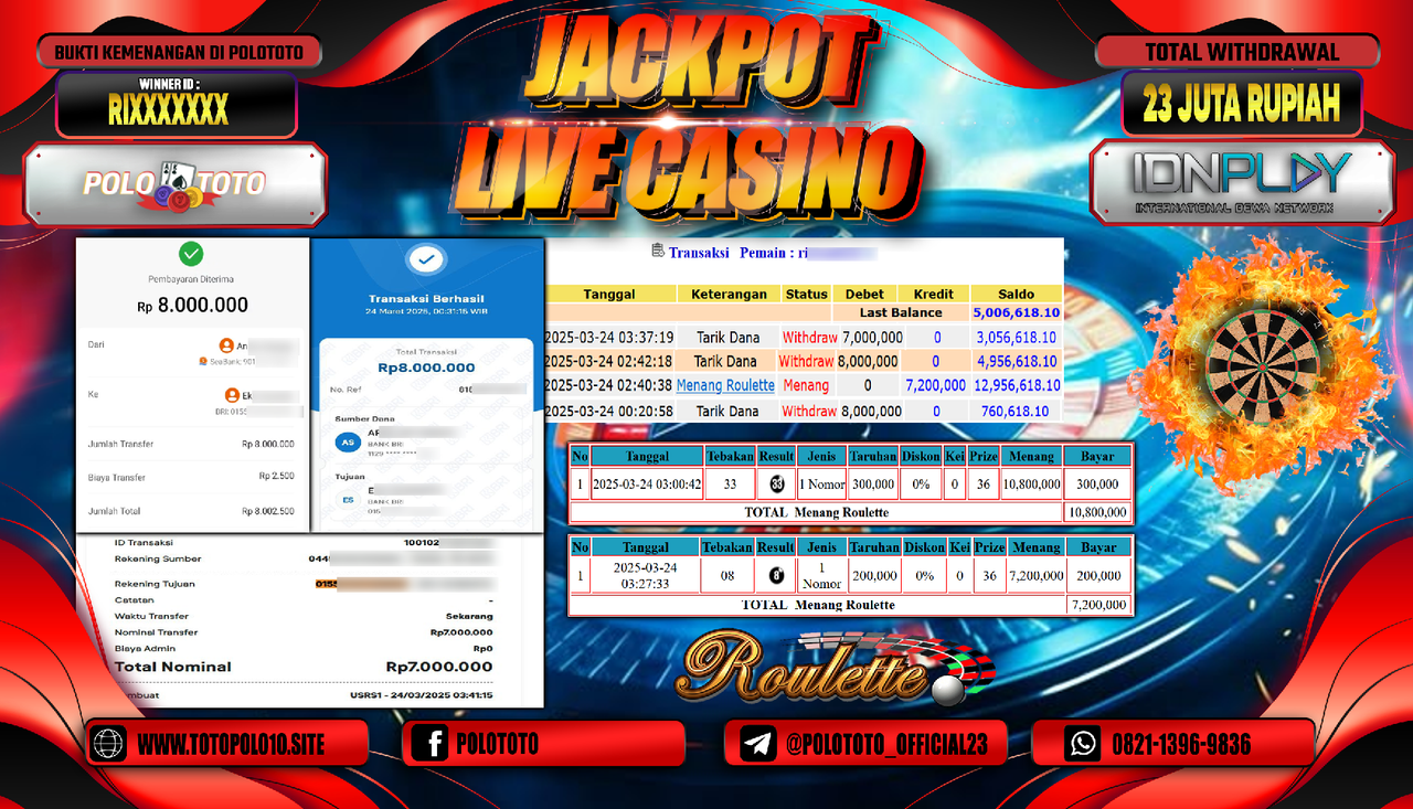 POLOTOTO JACKPOT LIVE CASINO ROULETTE Rp.23.000.000,-