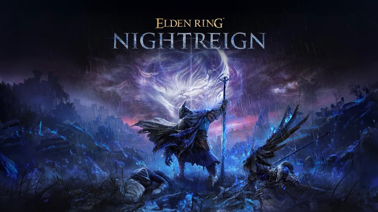 The keyart for Elden Ring Nightreign showing the warden character kneeling down with his sword in front of an open landscape.
