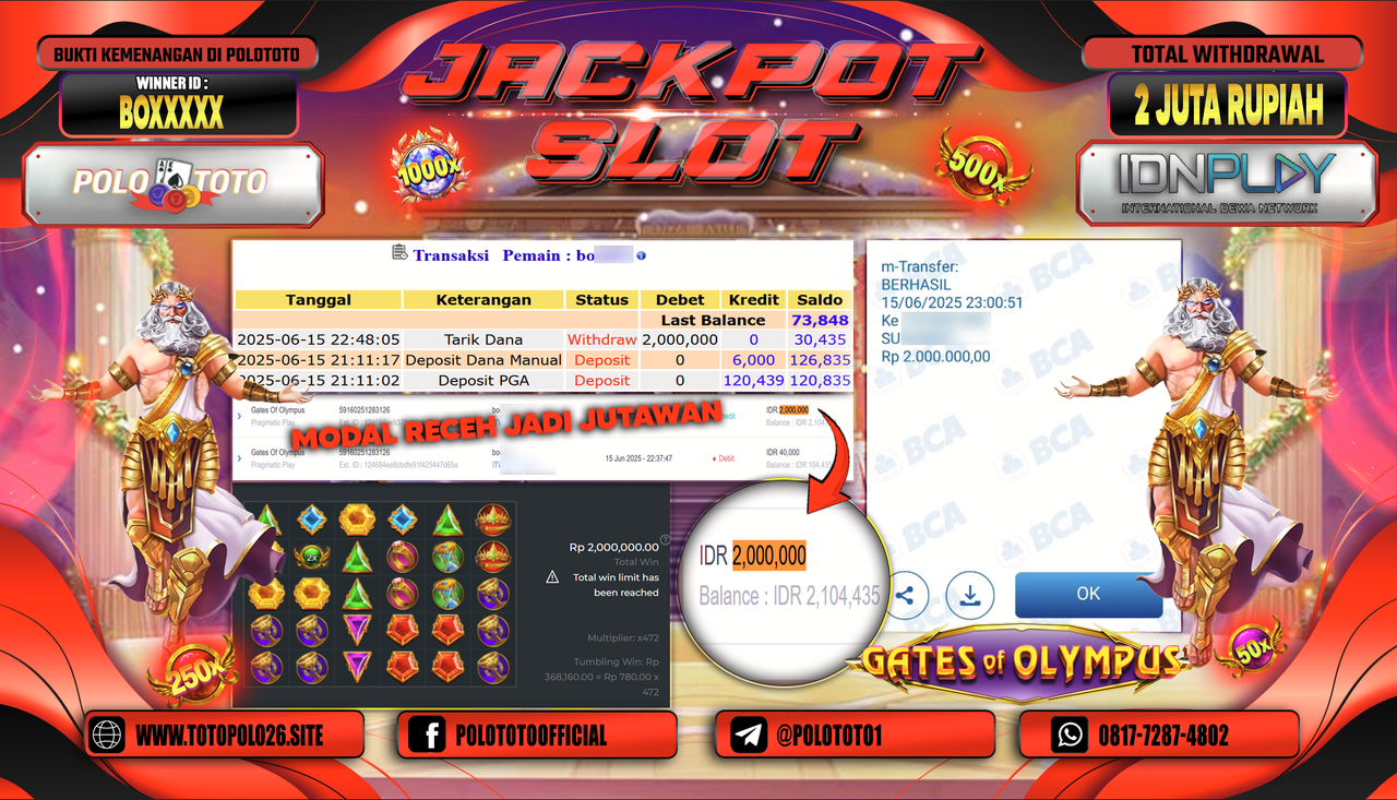POLOTOTO JACKPOT SLOT GATES OF OLYMPUS Rp.2.000.000,-