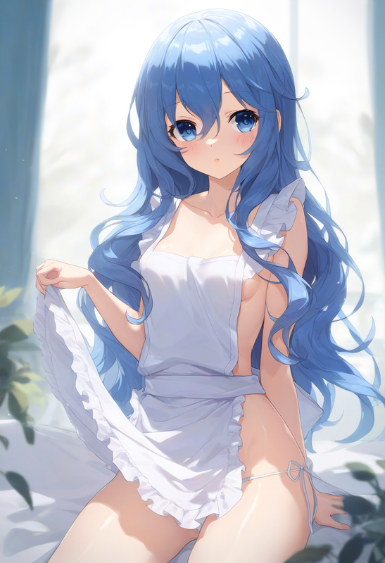 1girl, yoshino (date a live), nearly naked apron, underwear, blue hair, blue eye s-3090365609