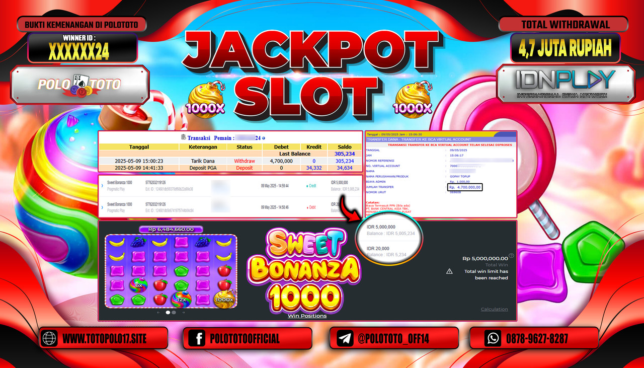 POLOTOTO JACKPOT SLOT SWEET BONANZA 1000 Rp.4.700.000,-