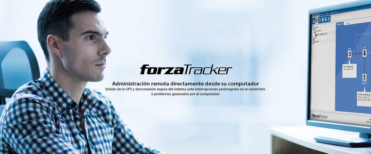 UPS Forza con su pantalla LCD táctil mostrando el estado del sistema.