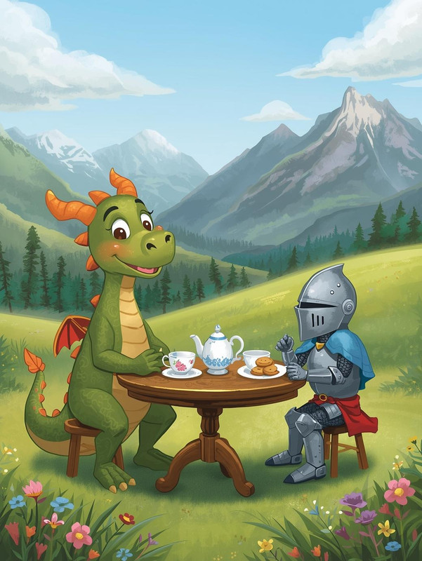 Dragon and knight having tea