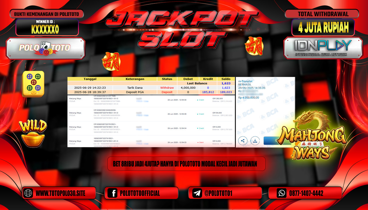 POLOTOTO JACKPOT SLOT MAHJONG WAYS Rp.4.000.000,- LUNAS