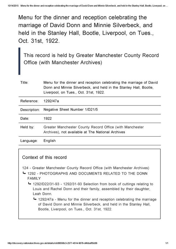 Menu for the dinner and reception celebrating the marriage of Da