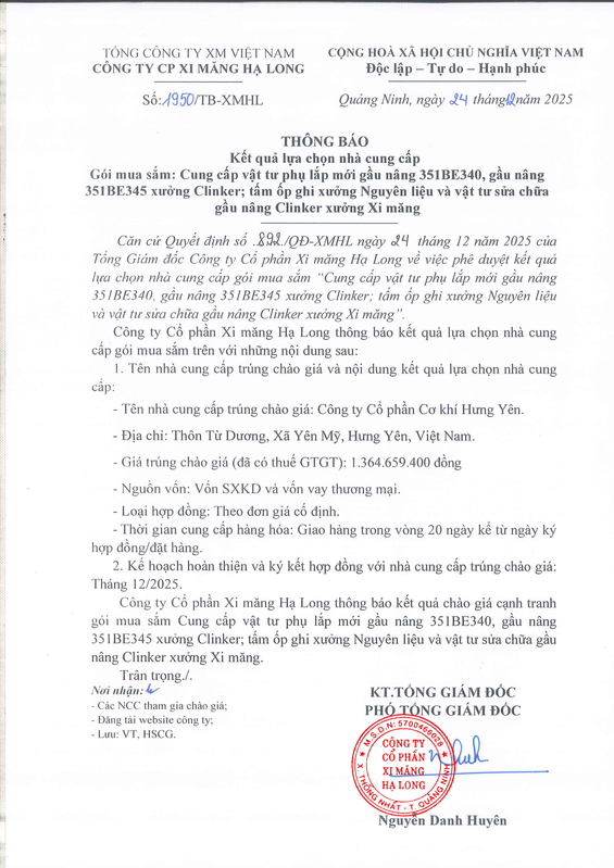 1950 TB XMHL ngày 24 12 2025 Thông báo KQLCNCC gói mua sắm Cung cấp vật tư phụ lắp mới gầu nâng 351B