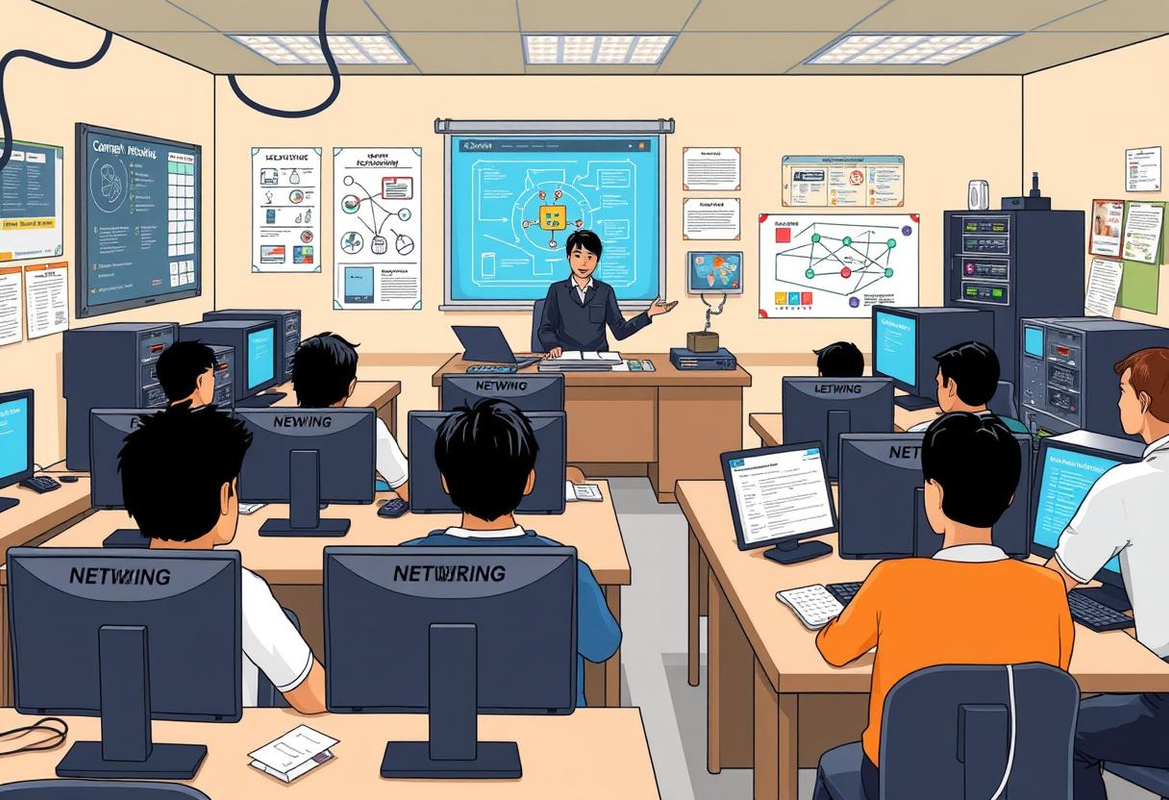 Seorang profesional muda bekerja dengan laptop di lingkungan teknologi, dikelilingi grafis jaringan digital abstrak.