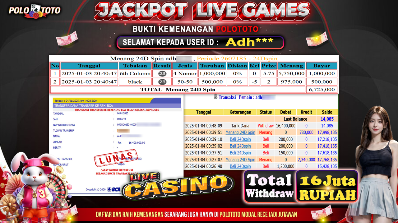 POLOTOTO JACKPOT LIVE GAMES 24DSPIN Rp.16,400.000,-