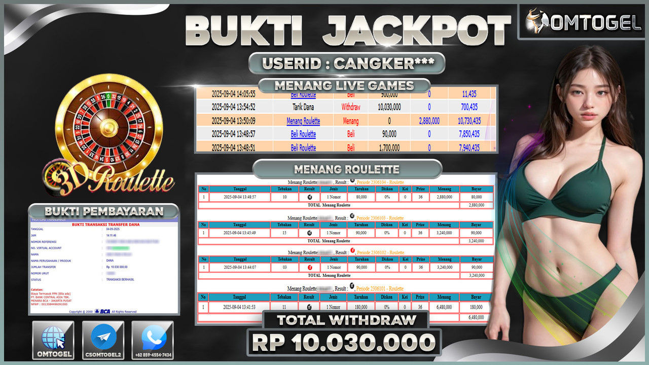 OMTOGEL JACKPOT LIVE GAMES ROULETTE 10 JUTA DI BAYAR LUNAS ,-