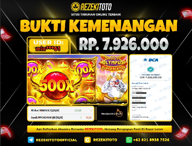 BUKTI KEMENANGAN 11 AGUSTUS 2025  GATES OF OLYMPUS SUPER SCATTER 7 JUTA 