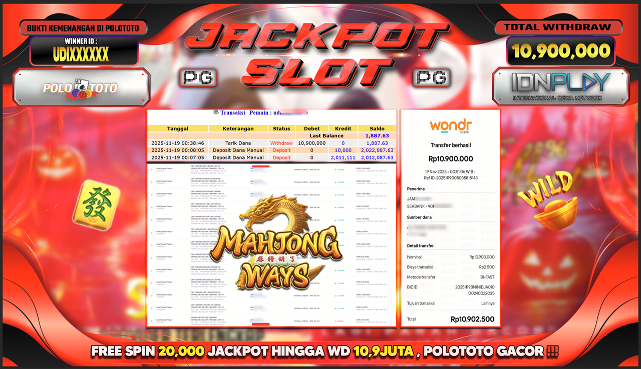 POLOTOTO JACKPOT SLOT MAHJONG WAYS Rp.10.900.000,- LUNAS