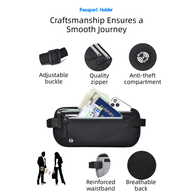 Black RFID Blocking Slim Anti-Theft Fanny Pack for Outdoor Travel - Hidden Money Belt for Passport, Documents & Cash