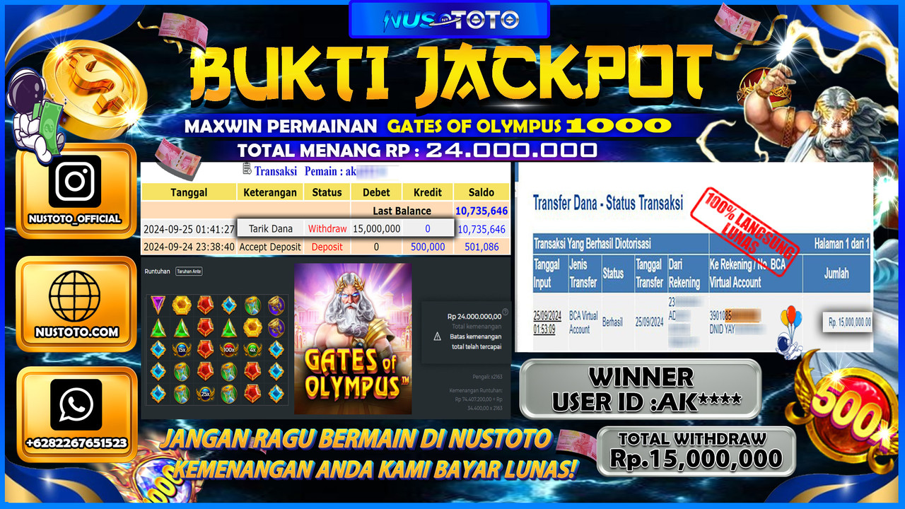 JACKPOT !! MENANG BESAR DI GATES OF OLYMPUS 1000 Rp. 15,000,000 LANGSUNG DI BAYAR LUNAS NUSTOTO !!