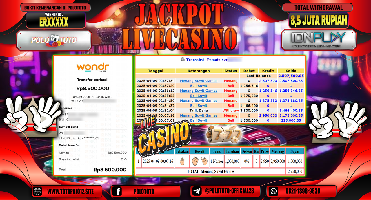 POLOTOTO JACKPOT LIVE CASINO SUWIT GAMES Rp.8.500.000,-