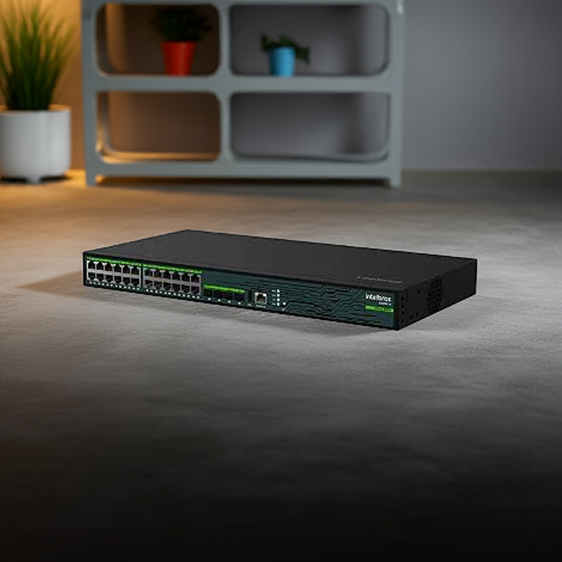 Vista lateral do Switch Intelbras S3028G-B, mostrando o acabamento robusto.