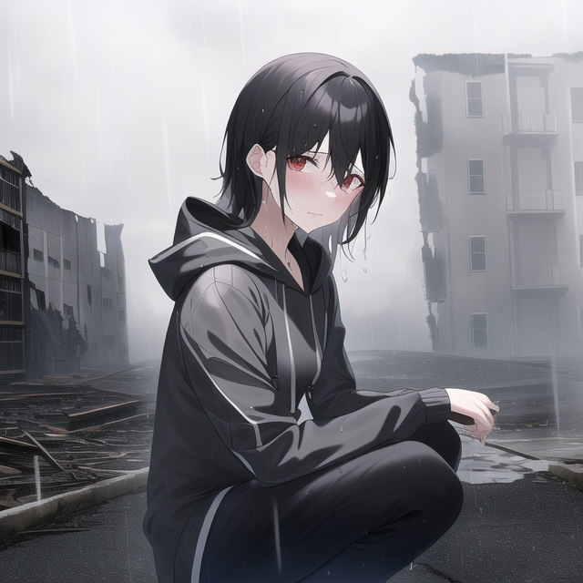 Best quality, masterpiece, small breasts, dramatic angle, wet clothes, gray hood s-2656199847