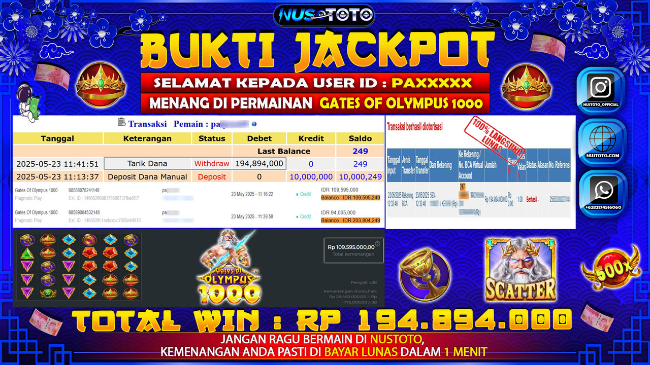JACKPOT !! MENANG BESAR DI SLOT GATES OF OLYMPUS 1000 Rp. 194.894.000 LANGSUNG DI BAYAR LUNAS NUSTOTO !!