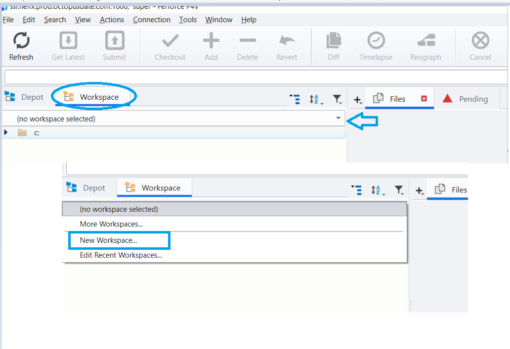 Menu suspenso de Workspace no P4V com a opção New Workspace