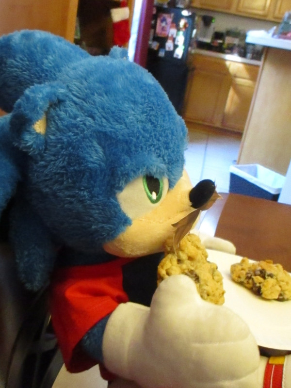 Sonic holds an evil cookie to his mouth