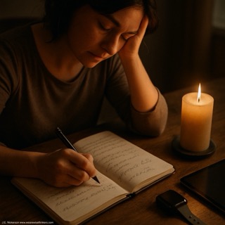 Writer finishing the last page of a story by hand at a desk, surrounded by warm, soft light—capturing the quiet focus of a story’s ending.