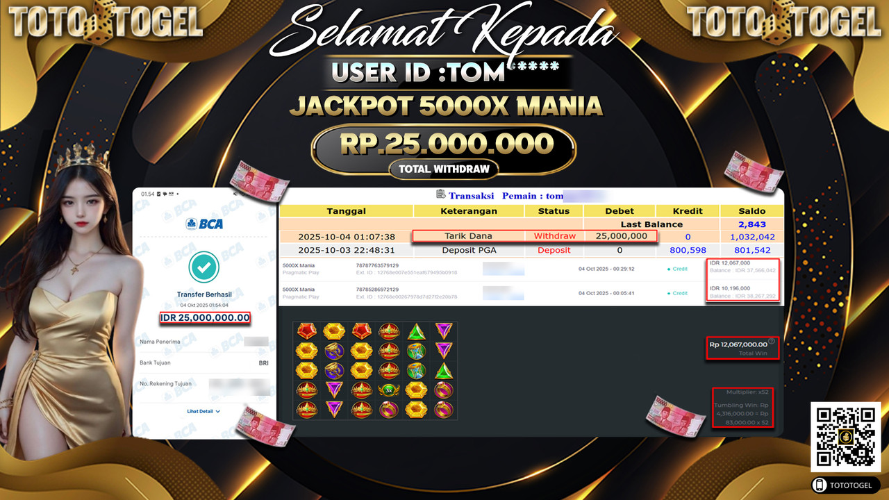 Bukti Pembayaran Jackpot Permainan Slot 5000X Mania ID:TOM*** LUNAS