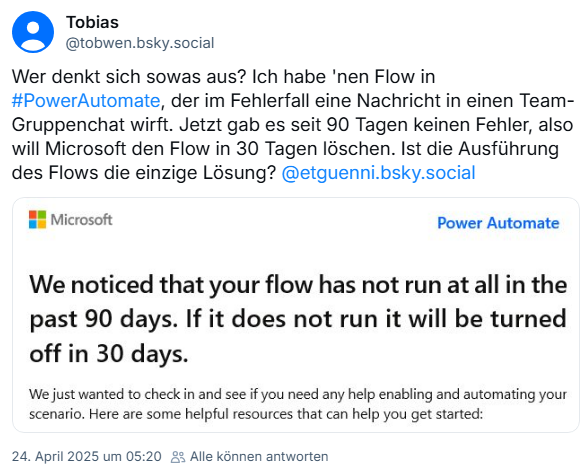 Power Automate meckert wegen "Nichtbenutzung"