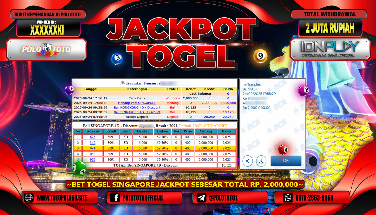 POLOTOTO JACKPOT TOGEL SINGAPORE POOLS Rp.2.000.000,- LUNAS