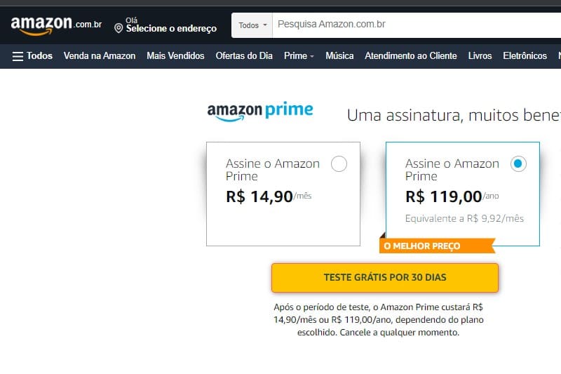 Seção do Amazon Prime do site da Amazon mostrando os planos de assinatura disponíveis