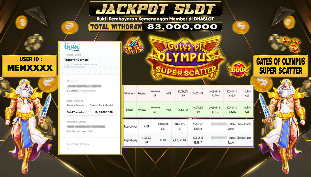 JACKPOT SLOT GATES OF OLYMPUS SUPER SCATTER  13 AGUSTUS 2026