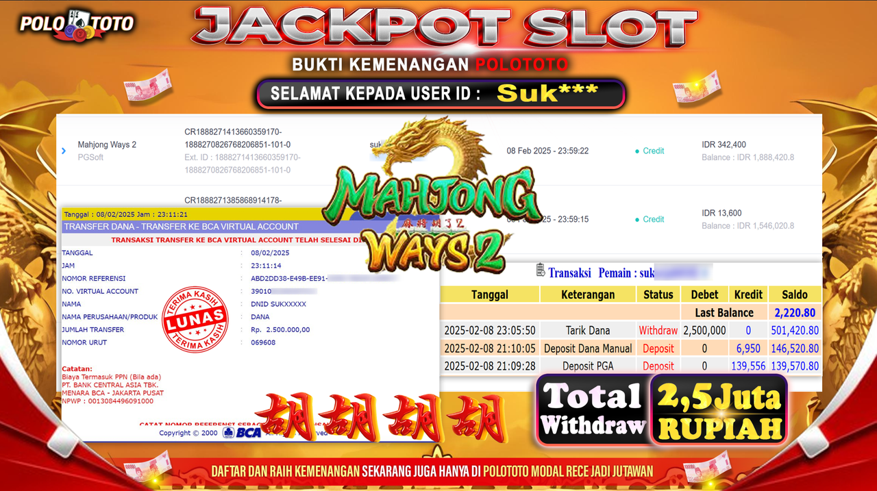 POLOTOTO JACKPOT SLOT MAHJONG WAYS 2 Rp.2,500.000,-