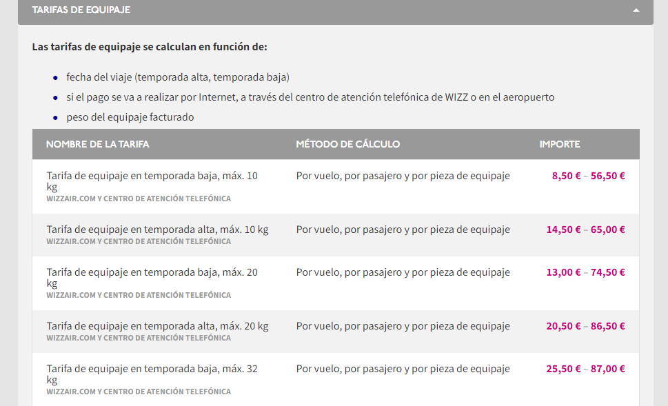 *Las tarifas de equipaje se calculan en función de:* - Wizzair: equipaje de mano y facturado, peso, dimensiones