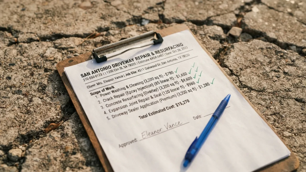 Driveway repair written quote itemized scope San Antonio 2026